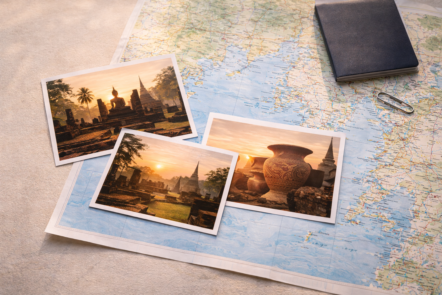 UNESCO planning flat lay (postcards + map, no text)